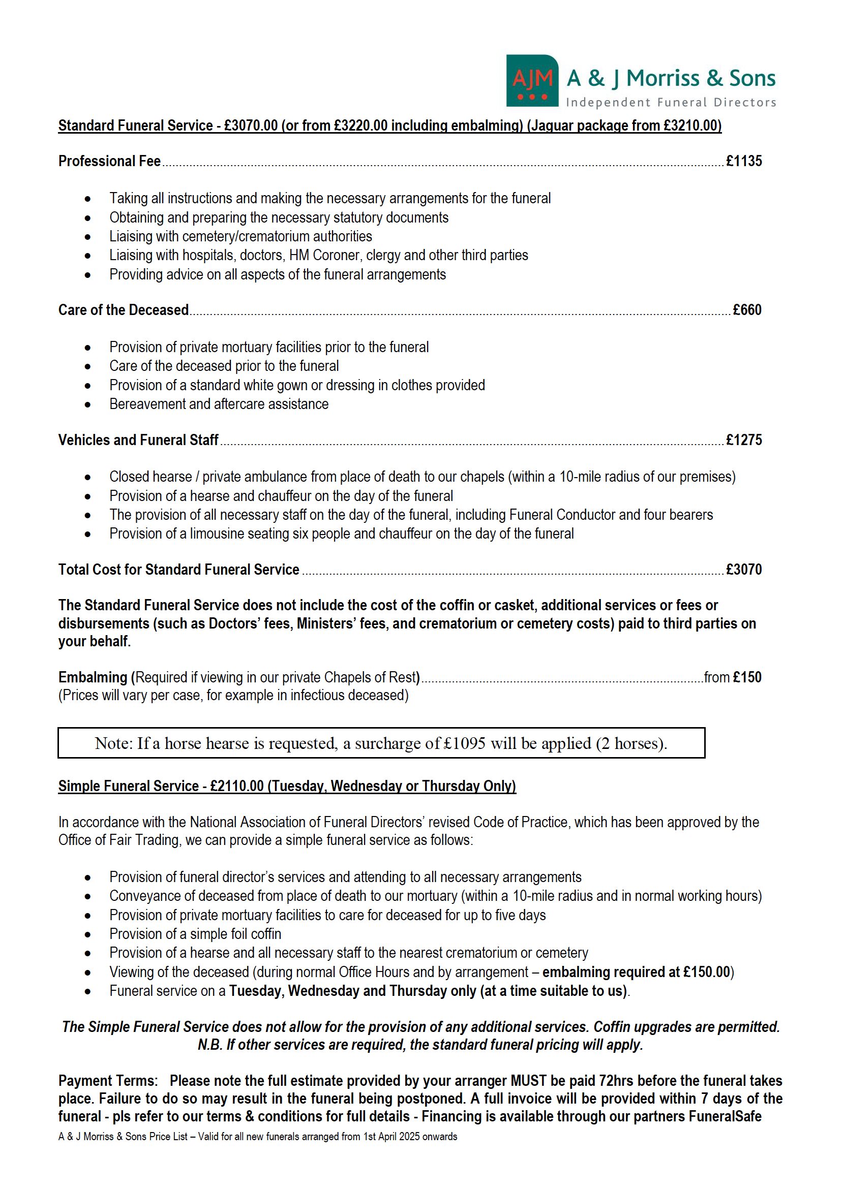 AJ Morriss Standard Funeral Service